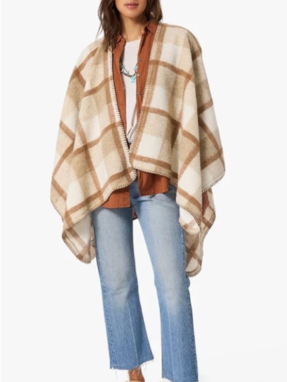 Xirena Poncho Wrap in Cream and Tan